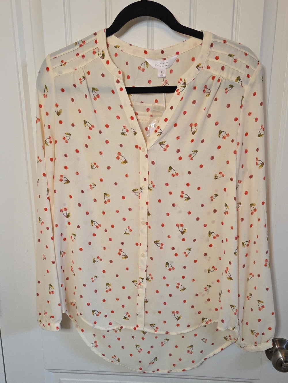 🍒 NWT LC Lauren Conrad Cream Button-Up Blouse with Dot & Cherry Print